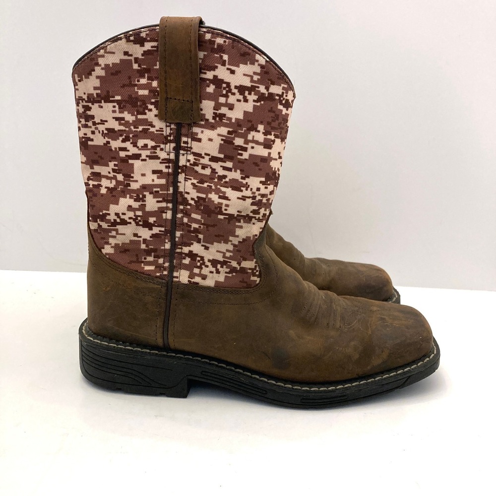 Old West Cowboy Boots Youth Boys Sz 3.5 Digitial Camo Brown Leather Square Toe